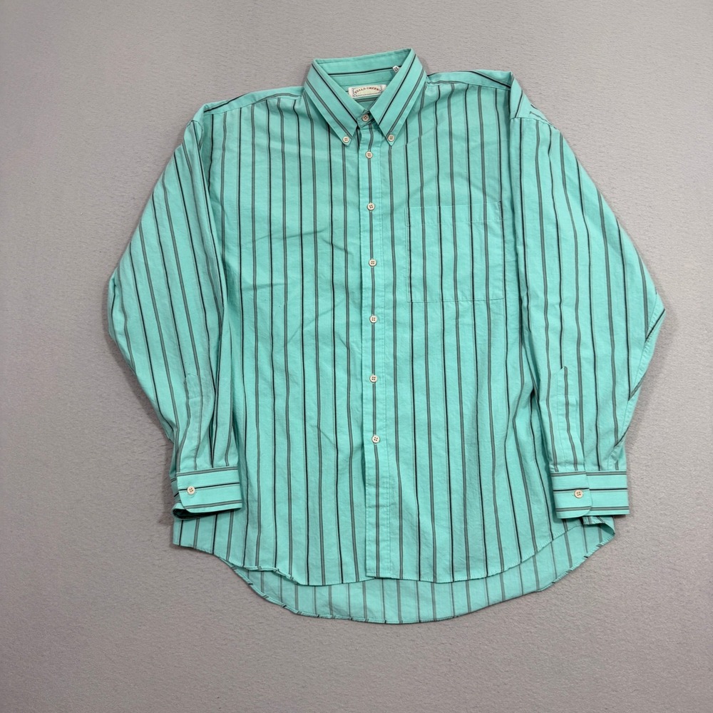 Vintage Falls Creek Button Shirt Men's Large Teal Striped Long Sleeve Preppy 90s